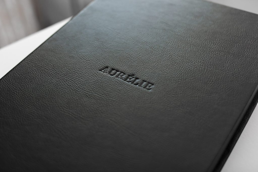 Black leather stamped cover of boudoir photo ablum