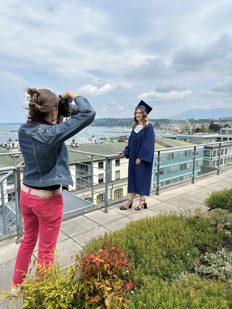 Amber Roberts photographs a high school senior above Lake Geneva Switzerland